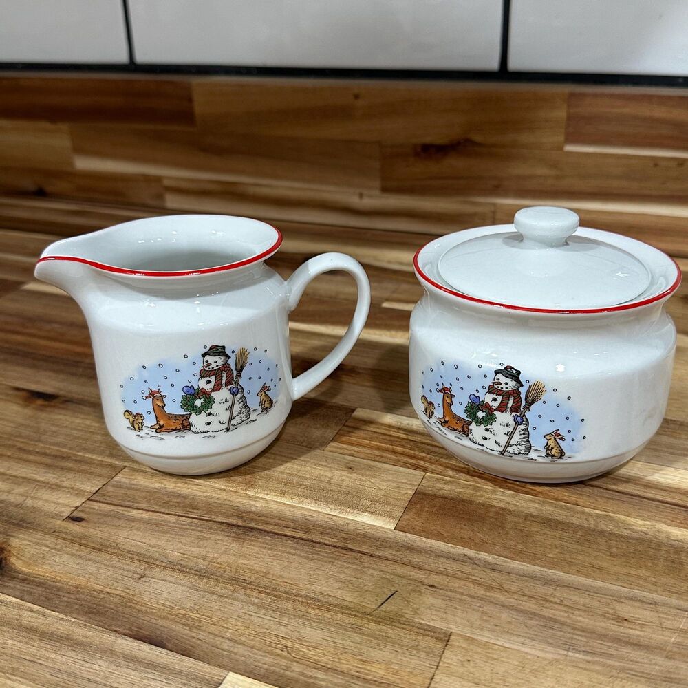 Vintage Snowman Creamer and Sugar Set by Salem China -Seasonal Christmas Holiday